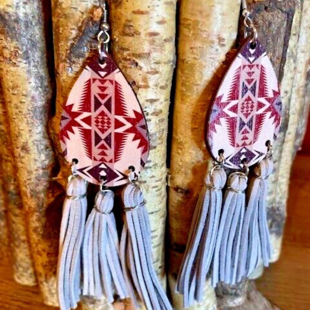 Tribal Aztec Wood Teardrop Tassel Fringe Earrings